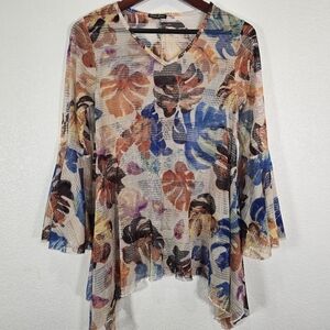 Dor Dor Couture Floral Mesh Tunic Women S Bell Sleeve Top Lagenlook Boho Hippie‎